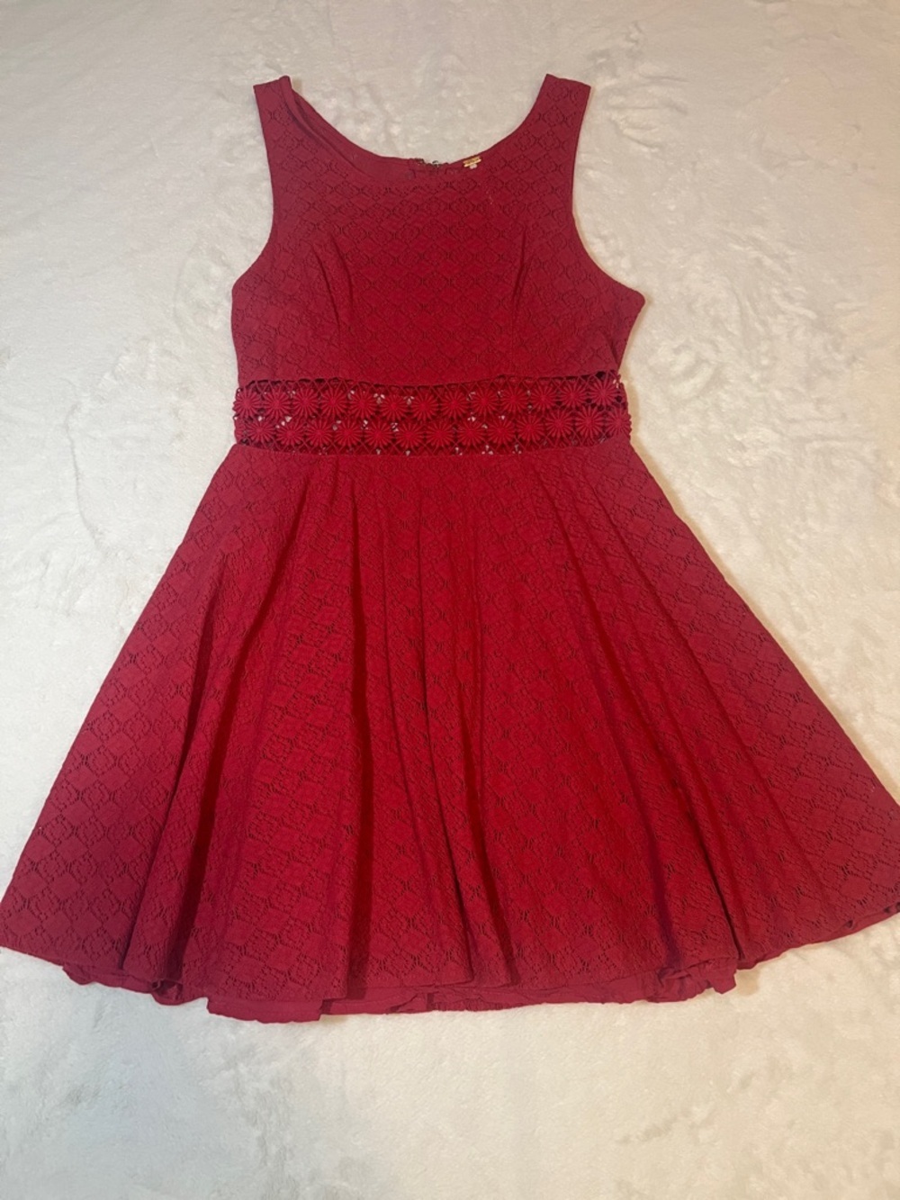 Free People Red Lace Fit-and-Flare Dress with Floral Waistband